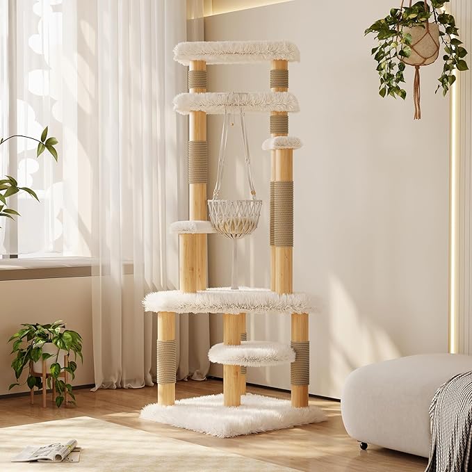 70" Modern Solid Wooden Cat Tree Tower for Large Adult Indoor Cats, Multi-Level Luxury Cat Furniture with Sisal Scratching Post & Hammock, White