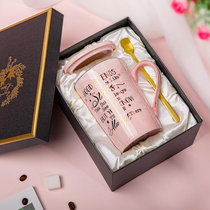 Best Friend Birthday Gifts for Women, Friendship Gifts for Women, Unique Mothers Day Birthday Gift Ideas for Her, Friends Female, Besties, BFF Ceramic Marble Coffee Mug Gift Box Printed Gold 14 oz
