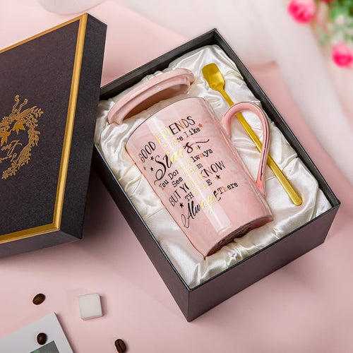 Best Friend Birthday Gifts for Women, Friendship Gifts for Women, Unique Mothers Day Birthday Gift Ideas for Her, Friends Female, Besties, BFF Ceramic Marble Coffee Mug Gift Box Printed Gold 14 oz
