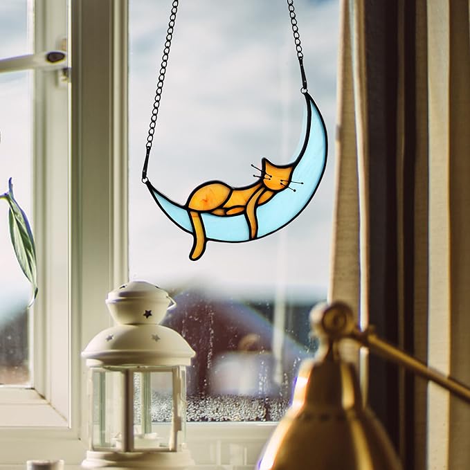 BOXCASA Orange Cat Suncatchers Handcrafted Stained Glass Window Hanging - Moon Phase Memorial Gifts for Cat Lovers,Birthday,Christmas Day, for Women,Mom