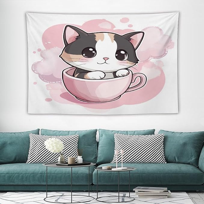 MaSiledy Kawaii Cat Tapestry's Wall Hanging Pink Smile Kitten Cat Face Meow Tapestry Aesthetic Landscape Tapestry Home Decoration for Bedroom Living Room Dorm 60"x90" Gift for Christmas