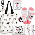 Cow Lover Gifts for Women Birthday Gifts Baskets Set Include Canvas Tote Bag, Makeup Bag, Socks, Keychain, Enamel Mug, Small Figurines for Mom, Wife, Sister, Friend