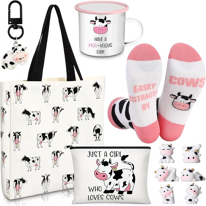 Cow Lover Gifts for Women Birthday Gifts Baskets Set Include Canvas Tote Bag, Makeup Bag, Socks, Keychain, Enamel Mug, Small Figurines for Mom, Wife, Sister, Friend