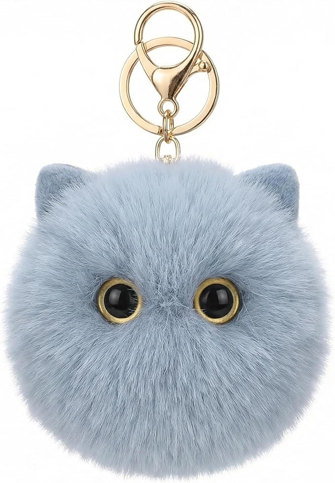 Cute Blue Cat Plush Keychain - Kawaii Ocean Cat Pom Pom Bag Charm, Cool Keychain for Backpack Purse, Gift for Boys Girls Women
