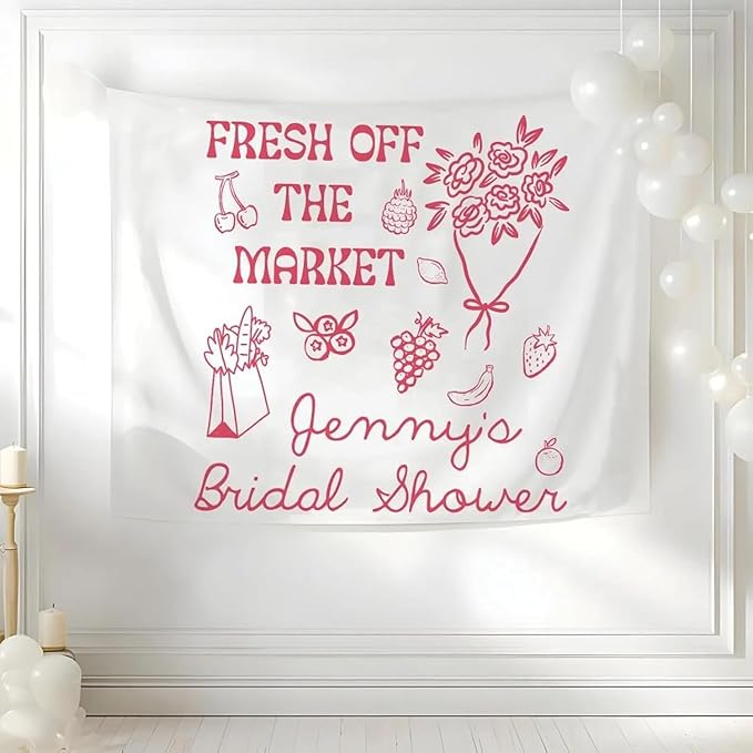 PHHUY Fresh Off The Market Bridal Shower Tapestry, Farmers Market Theme Wall Hanging Decor, Modern Feminine Pre-Wedding Celebration Banner for Welcome Table, Cute Rustic Engagement Party Decoration