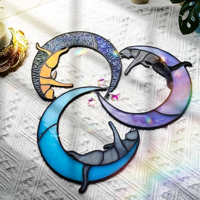 BOXCASA Handmade Gray Cat on Moon Stained Glass Suncatcher - Colorful Crystal Star & Window Hanging Decor for Cat Lovers, (Women, Mom, Grandma)