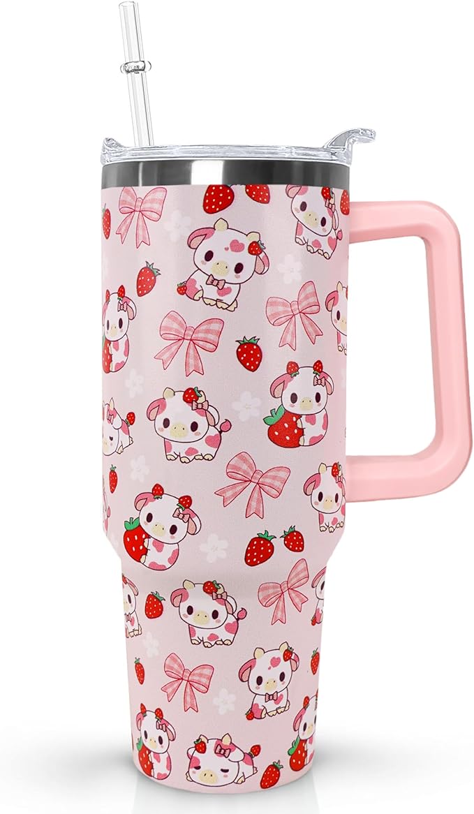 Ceovfoi 40 Oz Strawberry Cow Tumbler With Handle,Cow Print Coffee Travel Mug Cup Water Bottle,Strawberry Decor, Cow Print Gifts for Women