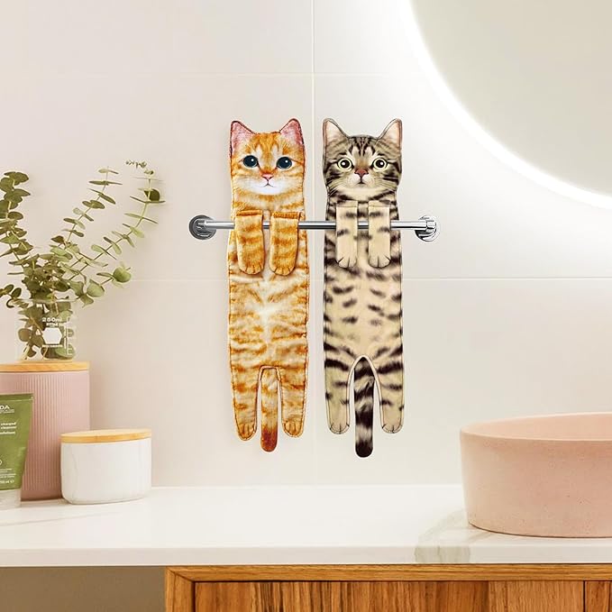 Funny Hand Towels for Bathroom Kitchen Decor - Cute Cat Hanging Hand Towel Kitchen Gadgets - Unique Housewarming Birthday Christmas Cat Lover Gift Ideas for Women Mom Lady Adults