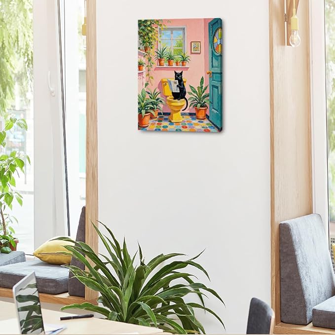 Funny Cat on Toilet Wall Art, Cat Lover Gifts, Cute Animal Theme Vintage Botanical Framed Canvas Prints Room Decor, Pink Painting for Living Room Bathroom Bedroom Decoration 15x11.4 inch