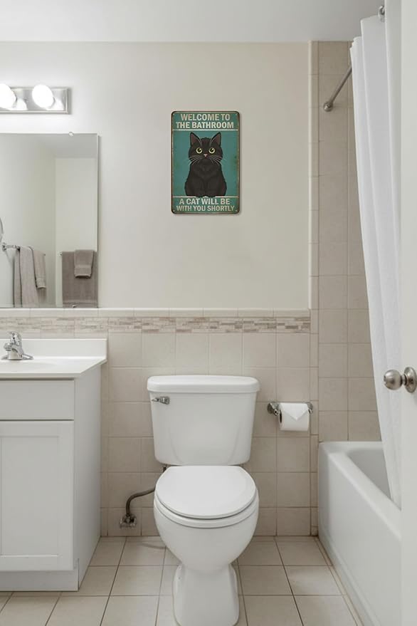 Funny Bathroom Sign Welcome to The Bathroom A Cat Will Be with You Shortly Humorous Restroom Decor Quirky Cat Lover Gift Novelty Aluminum Sign 8x12 Inches Black Cat