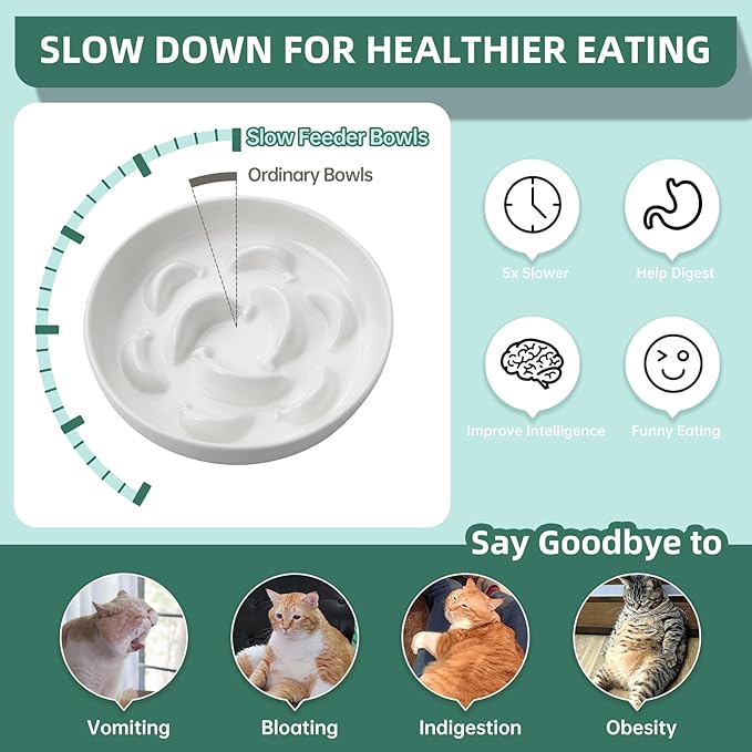 Cat Slow Feeder Bowl Set - 2 Pcs Ceramic Cat Food Plates for Slow Eating - Double Cat Dish for Dry Wet Food - Slow Feeding Cat Bowls Whisker Friendly - Microwave and Dishwasher Safe - White and Blue