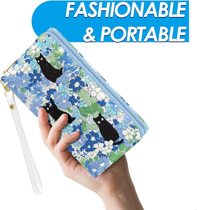 Womens Wallet, Black Cats Wristlet Wallet For Women, Blue Flowers Credit Card Holder Purse With Zipper, Birthday Christmas Graduation Gifts For Women Mom, Travel Office Daily Purse