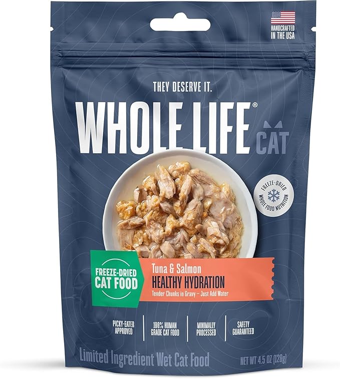 Whole Life Cat Freeze Dried Cat Food - Human-Grade Wet Food Toppers, Snacks & Lickable Treats, Instantly Hydrating Natural Broth Just Add Water - Salmon & Tuna, 4.5 Oz