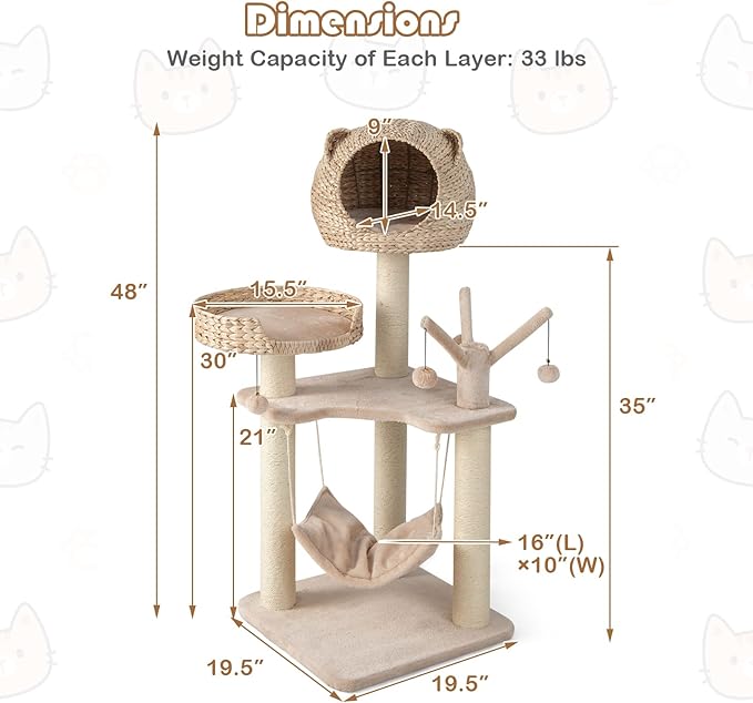 Tangkula Modern Cat Tree Tower, Multi-Level Tall Activity Center with Natural Sisal Scratching Posts, Hammock, Hand-Made Cattail Cute Condo with Funny Toy Balls