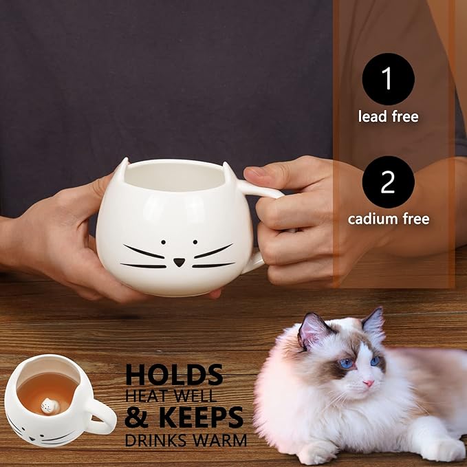 Koolkatkoo Cute Cat Coffee Mug for Cat Lovers Women Girls Ceramic Kitty Water Mugs 12 oz Small Cup White