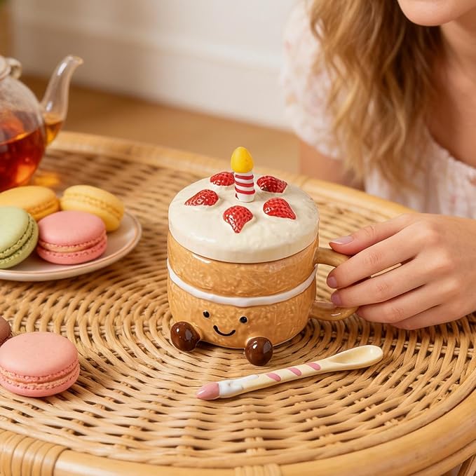 Adorable Cake Ceramic Coffee Mug, 400ml Cute funny Mug For Women, Cake Shaped Aesthetic Mugs Tea Cup with Lid Spoon for Birthday Valentines Day Home Office School