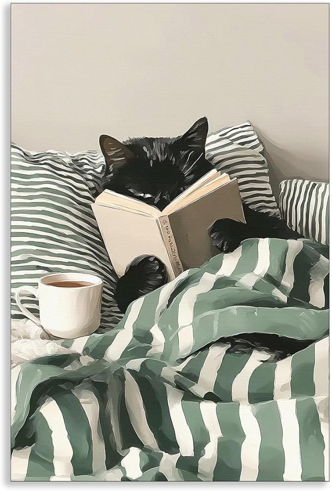 Funny Black Cat Canvas Wall Art, Cute Cat Reading Book In Bed with Coffee Aesthetic Poster, Cozy Striped Green Bedroom Animal Wall Decor, Bookish Art Print for Book Pet Lover 12x16in Unframed