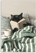 Funny Black Cat Canvas Wall Art, Cute Cat Reading Book In Bed with Coffee Aesthetic Poster, Cozy Striped Green Bedroom Animal Wall Decor, Bookish Art Print for Book Pet Lover 24x36in Unframed