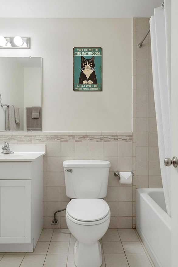 Funny Bathroom Sign Welcome to The Bathroom A Cat Will Be with You Shortly Humorous Restroom Decor Quirky Cat Lover Gift Novelty Aluminum Sign 8x12 Inches Black White Cat