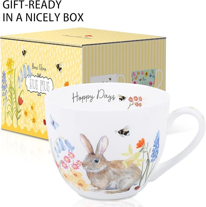 20 oz Easter Bunny Coffee Hug Mug, Spring Flowers & "Happy Days" Slogan, Premium Bone China Rabbit Tea Mug, Cute Easter Gift for Women, Family, Friends, Designed in England by Harvest Green Studio