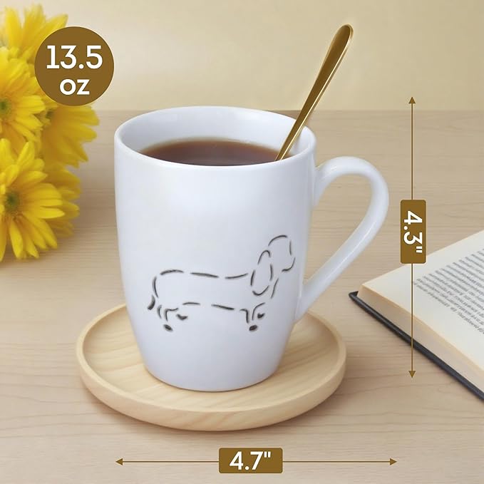Lily's Home Ceramic Coffee Mug with Hollowed Dog Pattern-13.5 oz, Set of 2-White Porcelain-Microwave & Dishwasher Safe-Dog Lover Coffee Mug for Coffee, Tea, Cappuccino-Housewarming Gift
