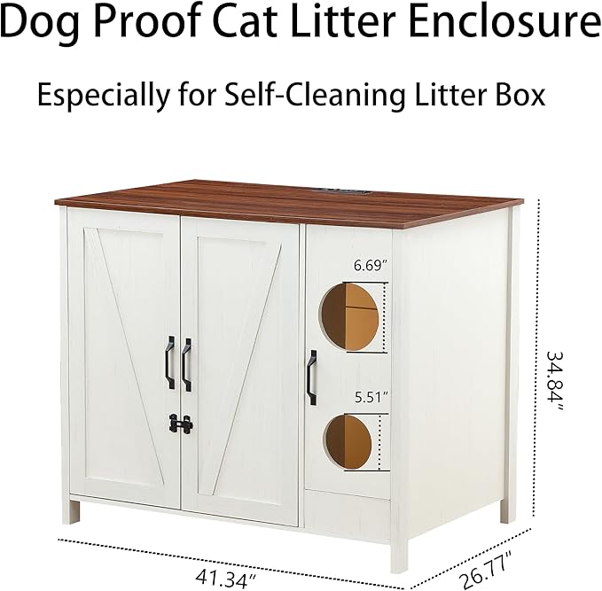 Large Cat Litter Enclosure, Automatic Litter Box Enclosure for Cat Robot 3/4,entrace for Dog Proof and Fun,Power Outlet for Litter Cabinet,Litter Collector for Cat Washroom Furniture,Antique White