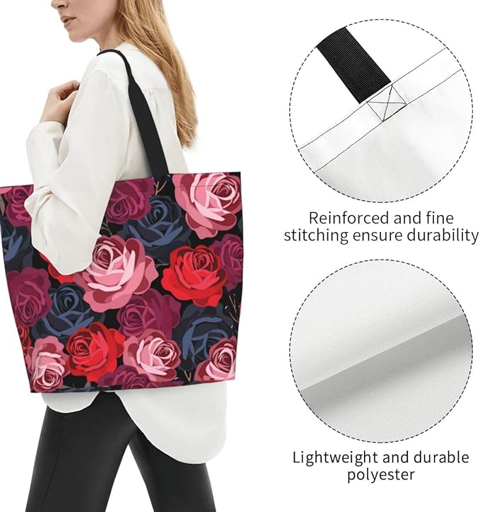 Rose Print Gym Tote Bags for Women, Cute Rose Print Purse, Reusable Shopping Handbags, Casual Travel Work Daily Waterproof Summer Grocery Bag Holiday Gifts -Large