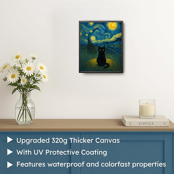 Madewell Living Van Gogh Starry Night with Funny Cat Framed Canvas Print Wall Art - Ready to Hang, Waterproof Living Room & Bedroom Decor