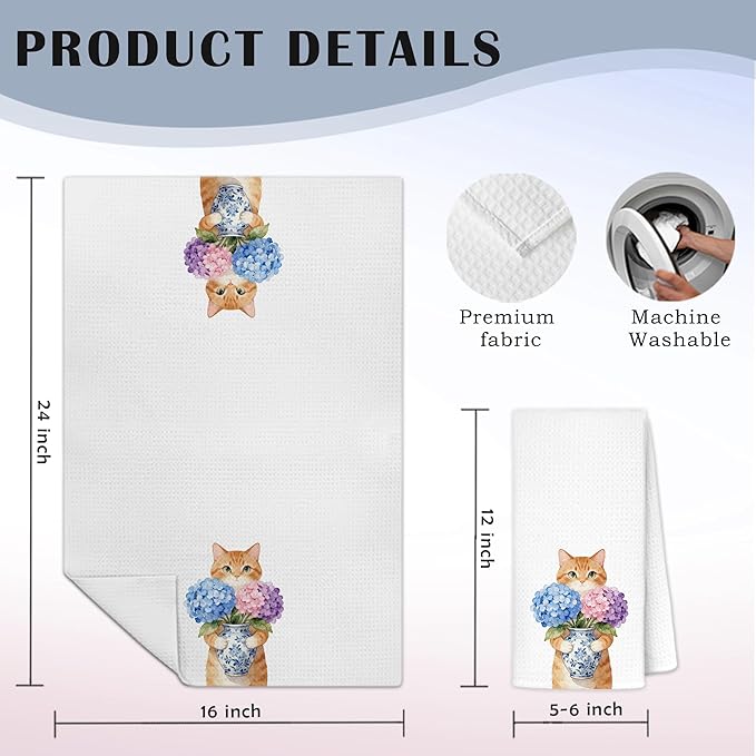 Orange Tabby Cat Hydrangea Kitchen Towels, Cat Lovers Gifts Dish Tea Towels for Kitchen Decor, Chinoiserie Porcelain Floral Kitty Decorative Hand Towel Bathroom Decor, 16x24 Inch Set of 2