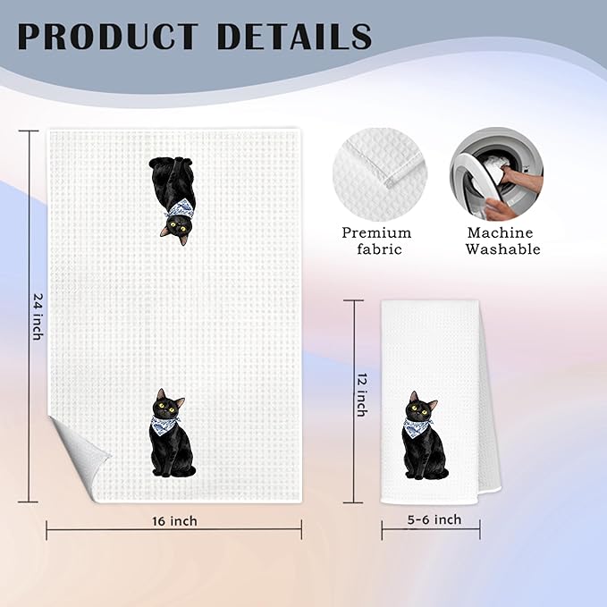 Black Cat Kitchen Towels, Black Cat Gifts Dish Tea Towels for Kitchen Decor, Blue and White Chinoiserie Bandana Kitty Kitten Decorative Hand Towel Bathroom Yoga Spa Decor, 16x24 Inch