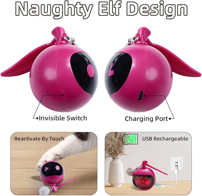 Interactive Cat Toys for Indoor Cats, Automatic Motion Activated Kitten Ball Toy, Moving Stimulation Cat Toys for Bored Indoor Adult Cats, Low Noise Fast Rolling Moving Ball (Rose Red)