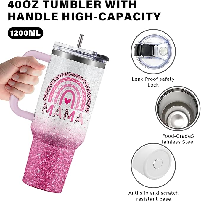 Gifts for Mom - Mama Tumbler 40 oz with Handle and Straw, Leak Proof Insulated Cup - Christmas, Mothers Day Present from Daughter Son, New Mom Gift