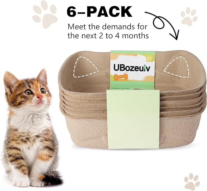 Disposable Cat Litter Boxes 6-Pack, Compact Cat Ear Design, Sturdy Travel Litter Box for Kittens & Small Cats, Recyclable Cardboard Litter Tray for Home, Car & Crate Use