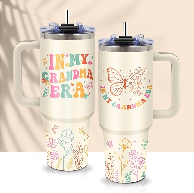 In My Grandma Era Tumbler 40oz - Insulated Stainless Steel Cup with Handle & Straw - Funny Gift for New Grandma, First Time Grandmas, Cool Grammy - Christmas, Birthday Gift for Her