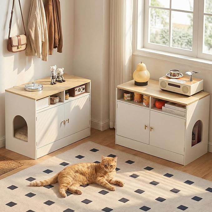 Cat Litter Box Enclosure for 2 Cats, TV Stand with Storage & Outlet, 63" Double Litter Box Enclosure Furniture, Wooden Enclosed Litter Box Cabinet, 63”L x 15.7”W x 23.6”H, White & Wood