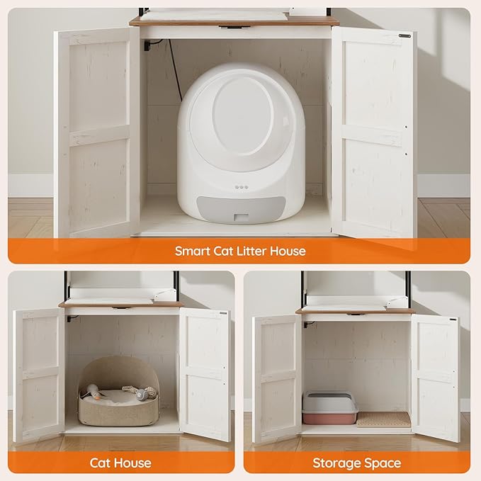 HOOBRO Cat Automatic Litter Box Enclosure Furniture, 30.5" L x 26.8" W x 61" H, Hidden Robotic Litter Box Cabinet, Dog-Proof Shelf with Charging Station, Scratching Mat, Bowls, White WH68UMZ03