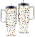Aesthetic Insect & Floral Themed Tumbler 40oz with Handle and Straws, Leak - proof, Stainless Steel Insulated Travel Coffee Mugs for Women, Gifts Birthday Cup