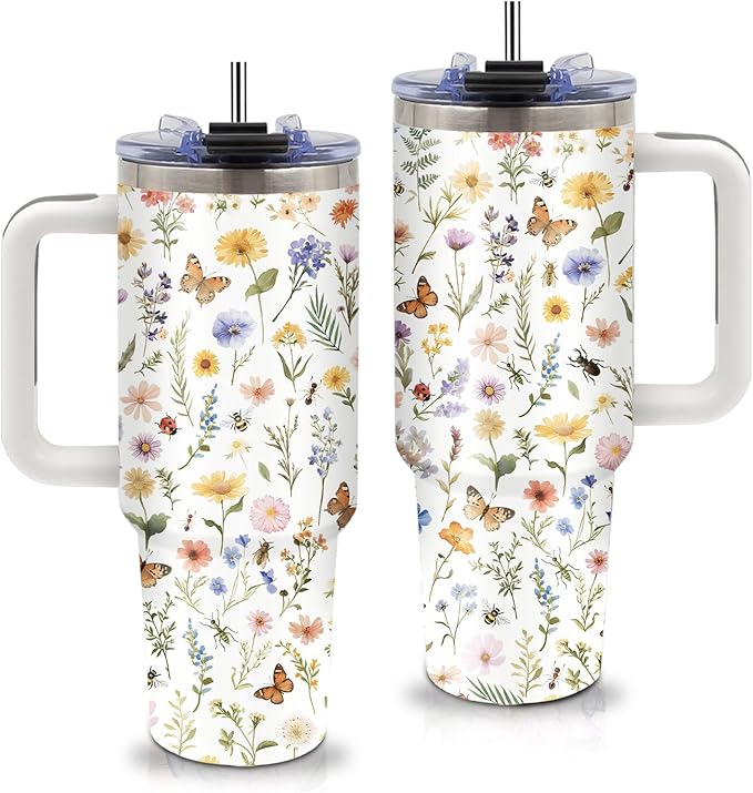 Aesthetic Insect & Floral Themed Tumbler 40oz with Handle and Straws, Leak - proof, Stainless Steel Insulated Travel Coffee Mugs for Women, Gifts Birthday Cup