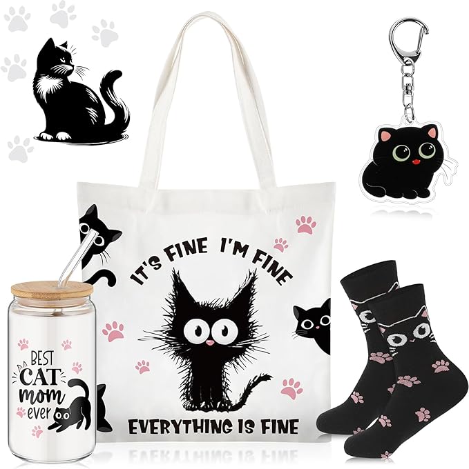 Paterr 4 Pcs Black Cat Gifts for Women Black Cat Lover Gift for Mother's Day Birthday Decorations, with Canvas Tote Bag 16oz Glass Coffee Cup with Straw Socks Cute Keychain
