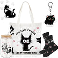 Paterr 4 Pcs Black Cat Gifts for Women Black Cat Lover Gift for Mother's Day Birthday Decorations, with Canvas Tote Bag 16oz Glass Coffee Cup with Straw Socks Cute Keychain