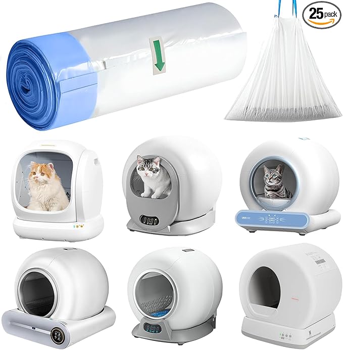 Self Cleaning Cat Litter Box Liners-25 Counts Waste Bags for Automatic Cat Litter Box Drawstring Trash Bags