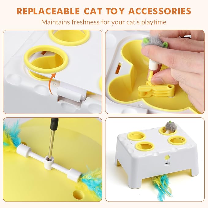 Interactive Cat Toys for Indoor Cats, 2-in-1 Cat Toys Interactive for Bored Indoor Adult Cats, Automatic Electronic Feather Cat Toy, 4 Holes Mole, Rotating Feather, USB Rechargeable