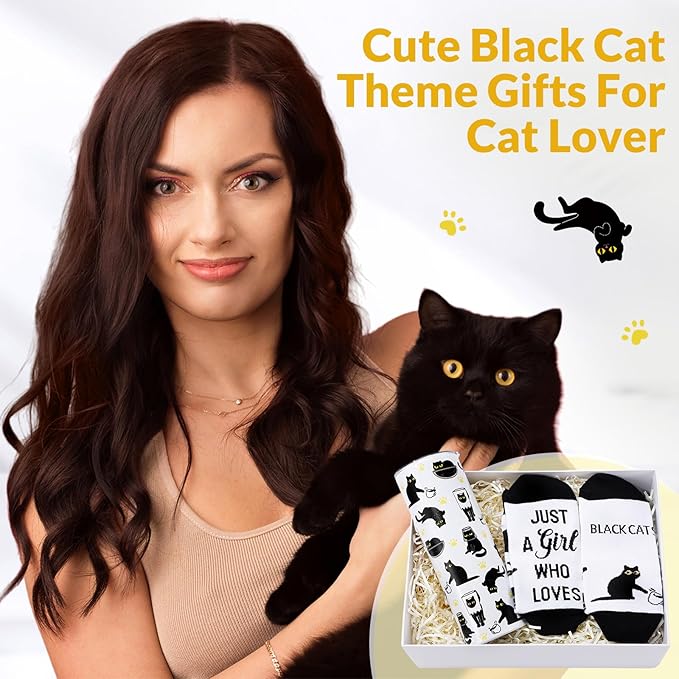 Funnymoom 2 Pack Black Cat Gifts Set for Women 20 oz Skinny Tumbler with Lid Straw Travel Coffee Mug Novelty Cute Animals Socks Mother Day Birthday Party Gifts for Cat Lover