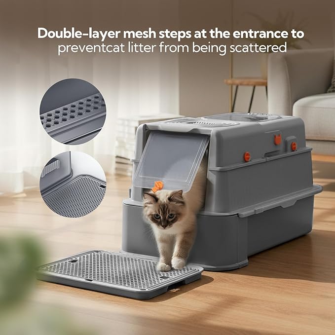 Soulbond Stainless Steel Cat Litter Box with Lid, Enclosed Large Metal Litter Box with Drawer and Flip Door for Big Cats, Top Entry, Odor Control, Easy to Clean (Grey)