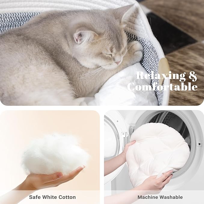 CHEERHOME PETS Cat Bed Basket with Cushion, Cotton Rope Woven Pet Bed for Indoor Cats Couch, Kitten Bed for Medium and Large Cat, All Season Universal (Grey)