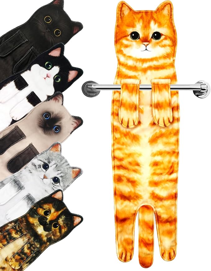 PAT JUUMG Funny Cat Hand Towels for Bathroom Kitchen Decor Towel,Cute Decorative Hanging Face Towels,Super Absorbent Soft, Housewarming Gift,Cat Lovers Gifts for Women (Orange)