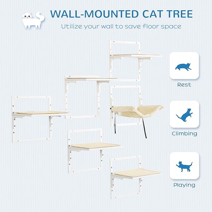 PawHut Cat Shelves for Indoor Kittens, Modern 6Pc Cat Wall Furniture with Adjustable Height Jumping Platforms and Hammock, Cream White