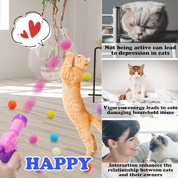 Andiker Cat Toy Balls Set, 30pcs Plush Cat Pom Pom Balls&a Plastic Launcher Set for Kitten Catch&Fetch Interactive Cat Toy with Colorful&Soft Cat Balls for Indoor Cats to Keep Fit (Pink 100balls)