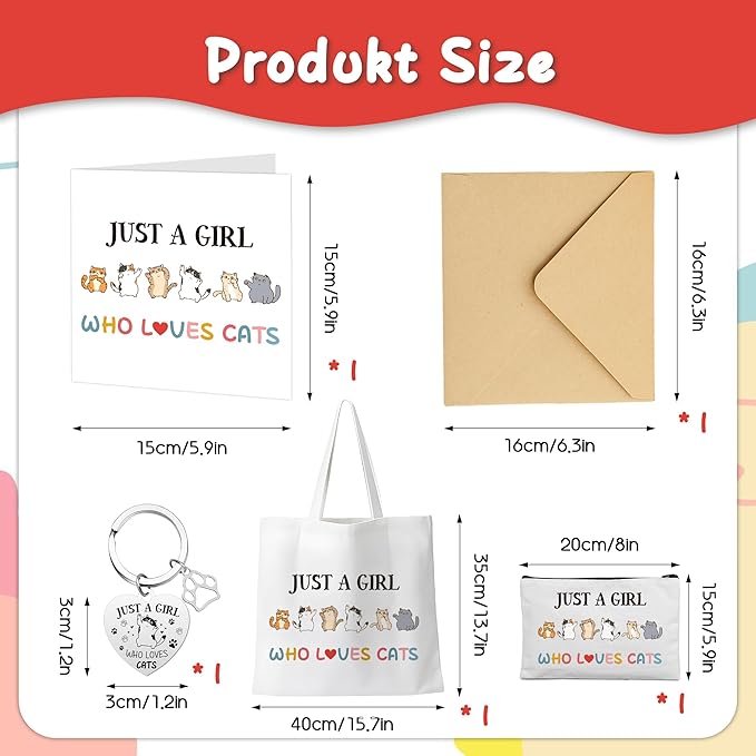 Cat Gifts Women Girls Presents - 5 Pcs Presents for Cat Lovers Including Cute Canvas Tote Bag, Makeup Bag, Card and Keyring for people who love cats Mum Auntie Wife Sisters Friends Teacher