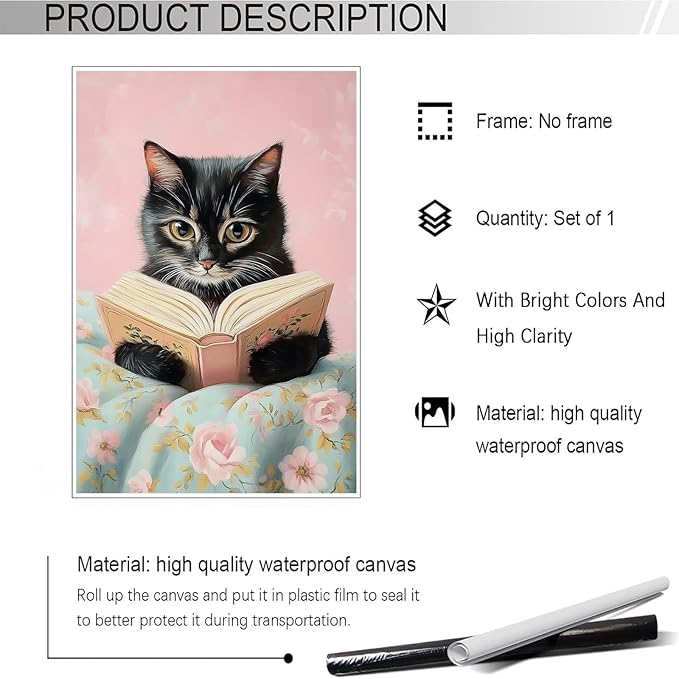 Vintage Cute Cat Canvas Wall Art Funny Cat Covered With Quilt Reading A Book Poster Trendy Cat Lovers Animal Aesthetic Prints Painting For Girls Room Bedroom Dorm Wall Decor 24x36in Unframed